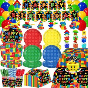 206PCS Building Block Birthday Party Supplies, Plates, Napkins, Cups, Cutlery, Cake & Cupcake Toppers, Banner, Hanging Swirls, Tablecloth, Balloons for Boys Birthday Party Decorations Serve 24 Guests in Saudi Arabia