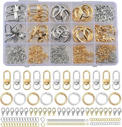 مجموعة أدوات صنع سلسلة المفاتيح الرئيسية 540 قطعة من حلقات مشبك حلية ذهبية وفضية، مشابك مشبك سلسلة المفاتيح، مشابك جراد البحر، حلقات القفز، سلاسل المفاتيح لحقيبة صنع سحر الحقيبة DIY لوازم المجوهرات الحرفية in Kuwait