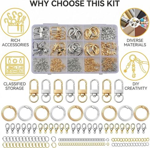 مجموعة أدوات صنع سلسلة المفاتيح الرئيسية 540 قطعة من حلقات مشبك حلية ذهبية وفضية، مشابك مشبك سلسلة المفاتيح، مشابك جراد البحر، حلقات القفز، سلاسل المفاتيح لحقيبة صنع سحر الحقيبة DIY لوازم المجوهرات الحرفية in Kuwait