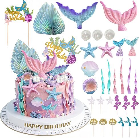 Mermaid Cake Topper- 32pcs Mermaid cake decorations with Mermaid Tail Seaweed ShellsStarfish, Little Mermaid cupcake toppers for Mermaid Birthday Party, Baby Shower, Under The SeaBirthday Party in Saudi Arabia