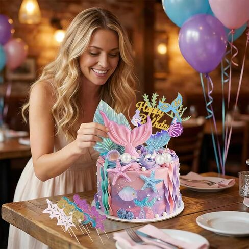 Mermaid Cake Topper- 32pcs Mermaid cake decorations with Mermaid Tail Seaweed ShellsStarfish, Little Mermaid cupcake toppers for Mermaid Birthday Party, Baby Shower, Under The SeaBirthday Party in Saudi Arabia