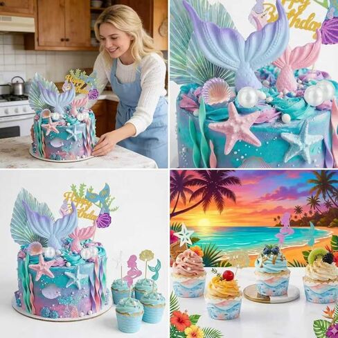 Mermaid Cake Topper- 32pcs Mermaid cake decorations with Mermaid Tail Seaweed ShellsStarfish, Little Mermaid cupcake toppers for Mermaid Birthday Party, Baby Shower, Under The SeaBirthday Party in Saudi Arabia