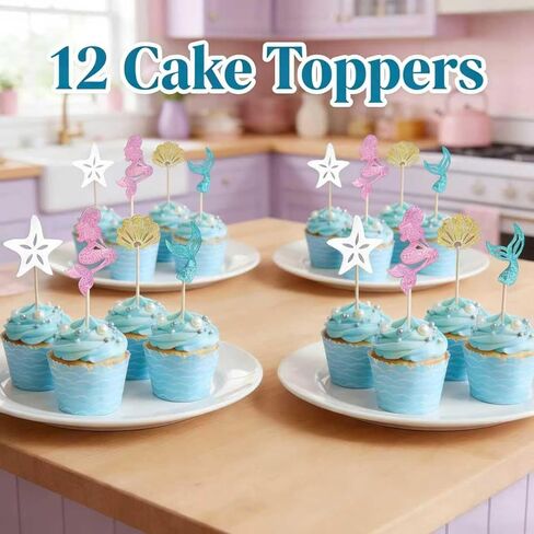 Mermaid Cake Topper- 32pcs Mermaid cake decorations with Mermaid Tail Seaweed ShellsStarfish, Little Mermaid cupcake toppers for Mermaid Birthday Party, Baby Shower, Under The SeaBirthday Party in Saudi Arabia
