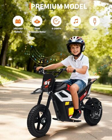 Electric Dirt Bike for Kids 10-12 Years, 350W Motor 14MPH Off-Road Motorcycle, 12" Fat Tire & Suspension, 24V Rechargeable Battery, 130lbs Load, Ideal Teen Boys Gift in Kuwait