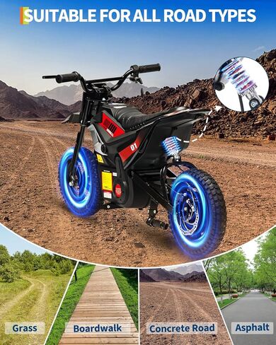 Electric Dirt Bike for Kids 10-12 Years, 350W Motor 14MPH Off-Road Motorcycle, 12" Fat Tire & Suspension, 24V Rechargeable Battery, 130lbs Load, Ideal Teen Boys Gift in Kuwait