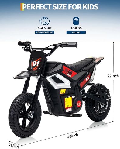 Electric Dirt Bike for Kids 10-12 Years, 350W Motor 14MPH Off-Road Motorcycle, 12" Fat Tire & Suspension, 24V Rechargeable Battery, 130lbs Load, Ideal Teen Boys Gift in Kuwait