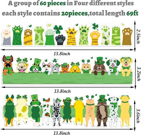 JarThenaAMCS 60Pcs St. Patrick's Day Bulletin Board Borders Green Pet Dog Cat Paw Print Self-Adhesive Trim Sticker Decals for Irish Holiday Home Classroom Office Party Wall Decor in Saudi Arabia