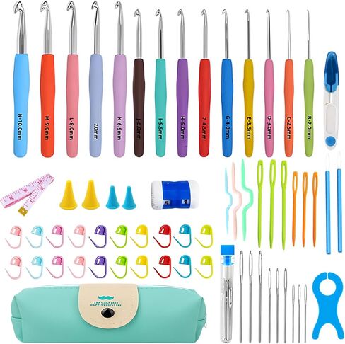 VOLYAR 14 Size Crochet Hook Set with case, 63 Pack Ergonomic Crochet Set 2mm(B)-10mm(N),Crochet Kit for Beginners, Long Crochet Needles in Saudi Arabia
