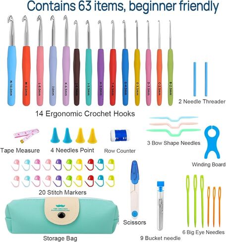 VOLYAR 14 Size Crochet Hook Set with case, 63 Pack Ergonomic Crochet Set 2mm(B)-10mm(N),Crochet Kit for Beginners, Long Crochet Needles in Saudi Arabia