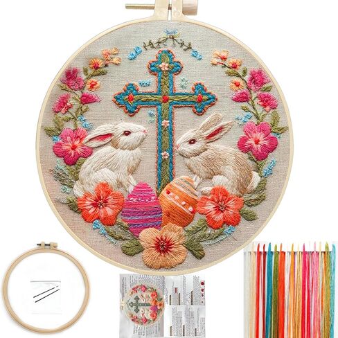 FONNUY Easter Rabbit Floral Cross Embroidery Kit, Easter Egg Happy Rabbits Bunny Stamped Pattern Kits for Audlt Beginners, Hand Works Crafts, 8 x 8'' (Happy Bunny 03) in Saudi Arabia