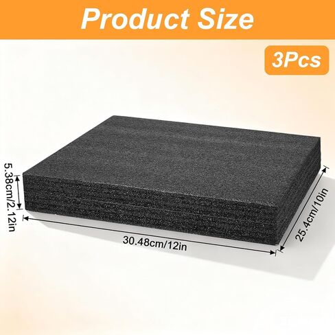 3 قطع من ألواح إسفنج البولي إيثيلين، لوح إسفنجي صلب مقاس 12 × 10 × 2.125 بوصة، كتل تعبئة عالية الكثافة قابلة للقطع لصندوق الأدوات والكاميرا والتخزين والحرف اليدوية (أسود) in Kuwait