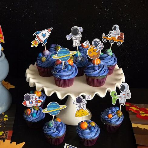 Gyufise 40Pcs Space Astronaut Cupcake Toppers Rocket Planet Trip to the Moon Cupcake Picks Decorations for Baby Shower Boys Girls Birthday Outer Space Themed Party Cake Decorations Supplies in Saudi Arabia