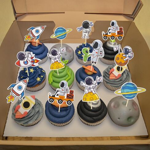 Gyufise 40Pcs Space Astronaut Cupcake Toppers Rocket Planet Trip to the Moon Cupcake Picks Decorations for Baby Shower Boys Girls Birthday Outer Space Themed Party Cake Decorations Supplies in Saudi Arabia