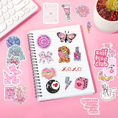 136Pcs Preppy Stickers, Holographic Cute Pink Coquette Aesthetic Stickers Vinyl Girly Bow Waterproof Sticker for Kids Grils Teens for Water Bottle Laptop Ipad Cups Scrapbook Journaling Decor(Grily136) in Saudi Arabia