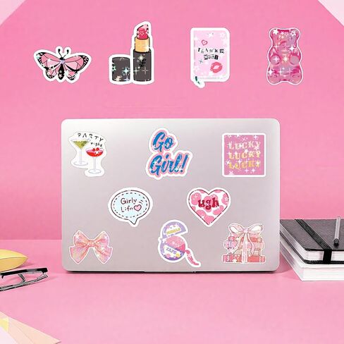 136Pcs Preppy Stickers, Holographic Cute Pink Coquette Aesthetic Stickers Vinyl Girly Bow Waterproof Sticker for Kids Grils Teens for Water Bottle Laptop Ipad Cups Scrapbook Journaling Decor(Grily136) in Saudi Arabia