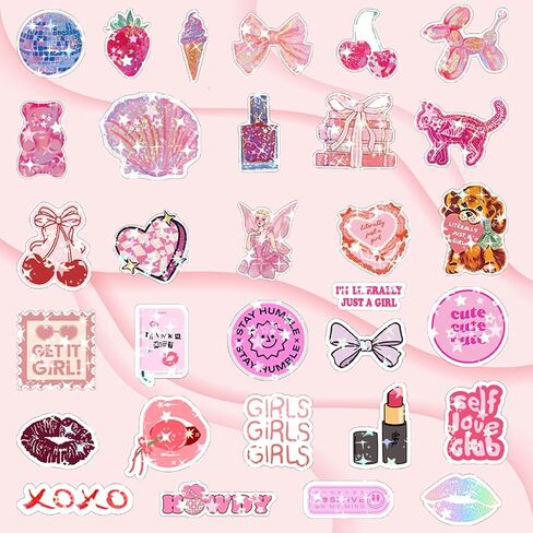 136Pcs Preppy Stickers, Holographic Cute Pink Coquette Aesthetic Stickers Vinyl Girly Bow Waterproof Sticker for Kids Grils Teens for Water Bottle Laptop Ipad Cups Scrapbook Journaling Decor(Grily136) in Saudi Arabia