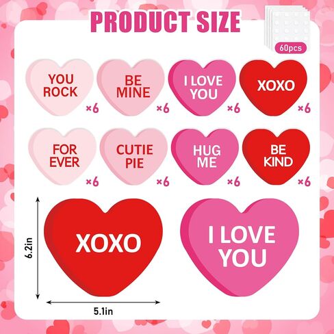 JarThenaAMCS 48Pcs Valentine' s Day Conversation Heart Paper Cutouts 6 Inch Red Pink Candy Heart Cutouts with Glue Points for Classroom School Bulletin Board Decor Wedding Anniversary Party Supplies in Saudi Arabia