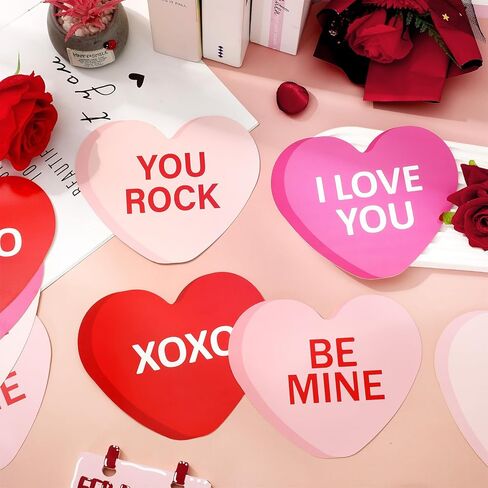 JarThenaAMCS 48Pcs Valentine' s Day Conversation Heart Paper Cutouts 6 Inch Red Pink Candy Heart Cutouts with Glue Points for Classroom School Bulletin Board Decor Wedding Anniversary Party Supplies in Saudi Arabia