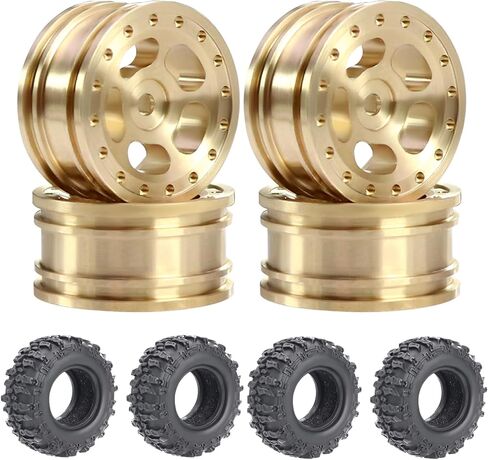 4pcs SCX30 Brass Offset 0.7'' Wheels Set with Rubber Tires Sponge Insert for AXIAL SCX30 Ford Bronco JEEP WRANGLER JLU RC Crawler Upgrade Part ﻿ (Golden 6-hole set) in Saudi Arabia