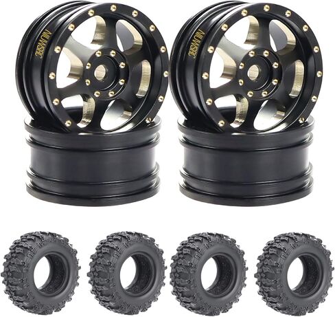 4pcs SCX30 Brass Offset 0.7'' Wheels Set with Rubber Tires Sponge Insert for AXIAL SCX30 Ford Bronco JEEP WRANGLER JLU RC Crawler Upgrade Part ﻿ (Golden 6-hole set) in Saudi Arabia