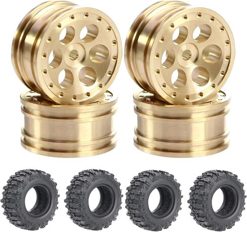 4pcs SCX30 Brass Offset 0.7'' Wheels Set with Rubber Tires Sponge Insert for AXIAL SCX30 Ford Bronco JEEP WRANGLER JLU RC Crawler Upgrade Part ﻿ (Golden 6-hole set) in Saudi Arabia