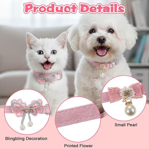 2 Pcs Cute Cat Collar, Pearl Pink Cat Collar, Adjustable Kitten Collars with Bow Tie, Elegant Cats Accessories for Girls Small Dogs and Cats(2 Styles) in Kuwait