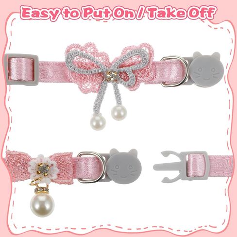 2 Pcs Cute Cat Collar, Pearl Pink Cat Collar, Adjustable Kitten Collars with Bow Tie, Elegant Cats Accessories for Girls Small Dogs and Cats(2 Styles) in Kuwait