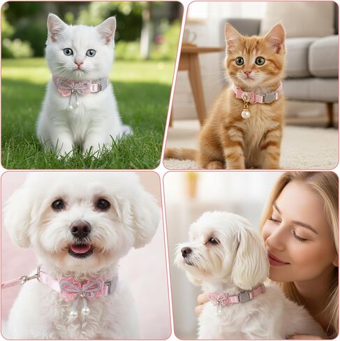 2 Pcs Cute Cat Collar, Pearl Pink Cat Collar, Adjustable Kitten Collars with Bow Tie, Elegant Cats Accessories for Girls Small Dogs and Cats(2 Styles) in Kuwait