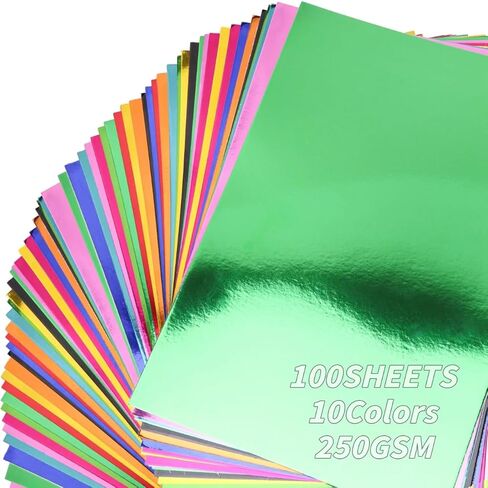 100 Sheets Metallic Mixed Cardstock Paper Bulk,Foil Board Paper 8.5" x 11", Mirror Finish Surface, Assorted Mixed Glitter Paper 250gsm for Crafting Card Making Invitations Decorations in Kuwait