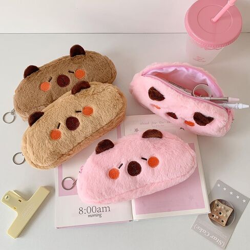 Novelty Cute Cartoon Capybara Soft Plush Stuffed Surface Fluffy Clothes Zipper Pencil Box Pencil Storage Holder Pouch Pen Bag (Brown, 21x10cm) in Saudi Arabia