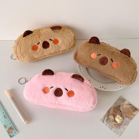 Novelty Cute Cartoon Capybara Soft Plush Stuffed Surface Fluffy Clothes Zipper Pencil Box Pencil Storage Holder Pouch Pen Bag (Brown, 21x10cm) in Saudi Arabia
