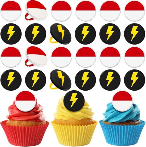 Honeydak 48 Pcs Cartoon Red and White Cupcake Ring Cartoon Birthday Decorations Yellow Cake Topper Ring Red and White Cupcake Topper Birthday Party Decorations for Girls Party in Saudi Arabia