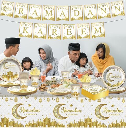 مجموعة أدوات مائدة رمضان مبارك، أطباق رمضان عيد مبارك، أكواب، مناديل، مفارش طاولة، لافتة لمستلزمات تزيين حفلات رمضان عيد مبارك (تخدم 24 ضيفًا) (أبيض، ذهبي) in Saudi Arabia