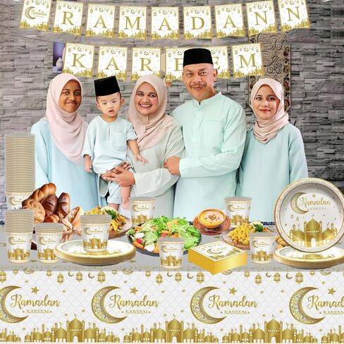 مجموعة أدوات مائدة رمضان مبارك، أطباق رمضان عيد مبارك، أكواب، مناديل، مفارش طاولة، لافتة لمستلزمات تزيين حفلات رمضان عيد مبارك (تخدم 24 ضيفًا) (أبيض، ذهبي) in Saudi Arabia