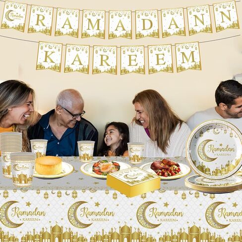 مجموعة أدوات مائدة رمضان مبارك، أطباق رمضان عيد مبارك، أكواب، مناديل، مفارش طاولة، لافتة لمستلزمات تزيين حفلات رمضان عيد مبارك (تخدم 24 ضيفًا) (أبيض، ذهبي) in Saudi Arabia