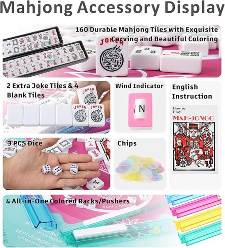 American Mahjong Tile Set,166 Premium White Tiles Mahjong Set, 4 All-in-One Rack/Pushers, Mahjong Tile Set with Flower Carrying Bag in Saudi Arabia