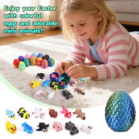 12 Pcs Mini 3D Printed Animal with 12 Pcs Easter Eggs, Articulated Flexible Cute Fidget Toys for Desk Decor, Party Favors, Christmas Easter Birthday Gift in Saudi Arabia