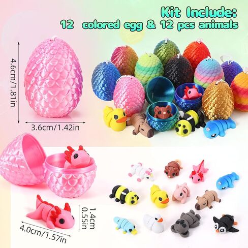 12 Pcs Mini 3D Printed Animal with 12 Pcs Easter Eggs, Articulated Flexible Cute Fidget Toys for Desk Decor, Party Favors, Christmas Easter Birthday Gift in Saudi Arabia