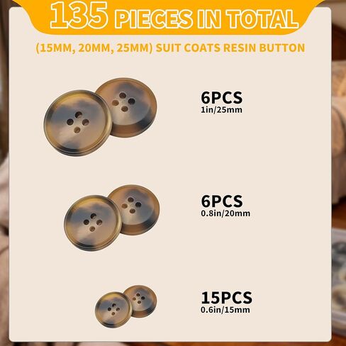 Assorted Buttons for Sewing Crafts,135Pcs 4-Hole Round Blazer Buttons, 5 Color (Brown Black Blue) 3 Size (15mm, 20mm, 25mm) Resin Button for Suit,Shirt,Coats,Clothes Sewing,DIY Craft in Saudi Arabia