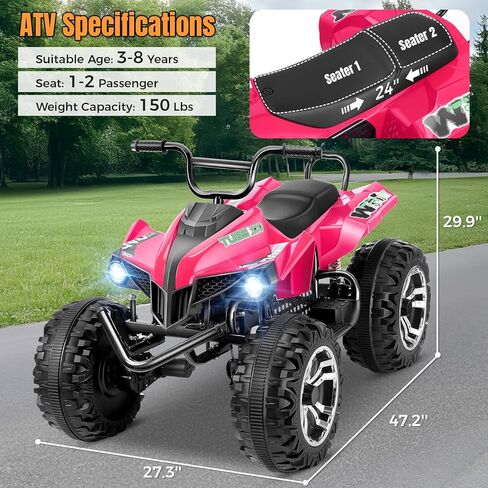 Hikole 4 Wheelers for Kids Ages 4-8-12-14, 24V 2 Seater Ride on Quad Car Toys, 4X100 Power Motor, 24'' Spacious Seat, Spring Suspension, Music, LED Lights, XL Side by Side ATV, Rose Pink in Saudi Arabia