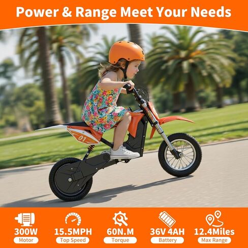MileRocket1 36V 300W دراجة ترابية كهربائية للأطفال، دراجة نارية كهربائية مع 3 سرعات 5/7.5/15.5 ميل في الساعة وما يصل إلى 12.4 ميل للأعمار من 4 إلى 12 عامًا، تعليق مزدوج، إطارات 12*2.75 بوصة تناسب الفناء الخلفي للحديقة in Kuwait