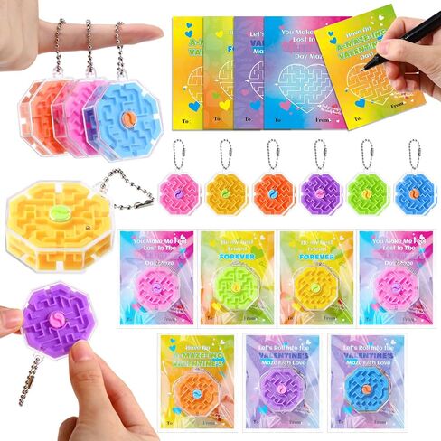 24 Sets Valentine Exchange Gifts Bulk 3D Maze Puzzle Keychains with Valentines Day Cards Brain Teaser Set for Valentine Party Favors Carnival Prize Goody Bag Filler(Heart) in Saudi Arabia