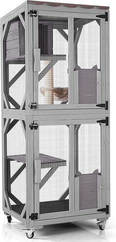 مأوى للقطط من GUTINNEEN Catio للاستخدام الخارجي على عجلات، مأوى للقطط مع غطاء مقاوم للماء، قفص كبير للقطط مع غرفة استراحة، منصات 62.5 بوصة in Kuwait