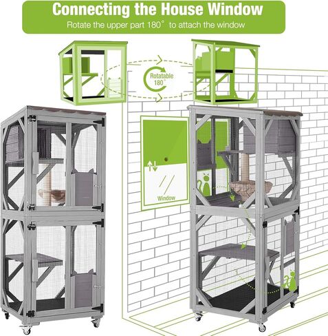 مأوى للقطط من GUTINNEEN Catio للاستخدام الخارجي على عجلات، مأوى للقطط مع غطاء مقاوم للماء، قفص كبير للقطط مع غرفة استراحة، منصات 62.5 بوصة in Kuwait