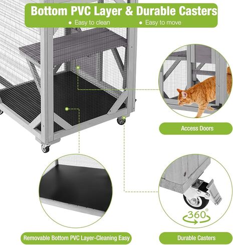 مأوى للقطط من GUTINNEEN Catio للاستخدام الخارجي على عجلات، مأوى للقطط مع غطاء مقاوم للماء، قفص كبير للقطط مع غرفة استراحة، منصات 62.5 بوصة in Kuwait
