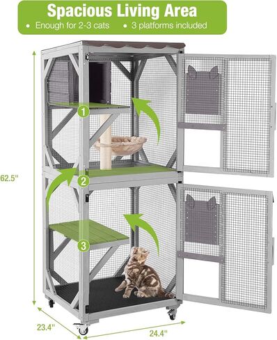 مأوى للقطط من GUTINNEEN Catio للاستخدام الخارجي على عجلات، مأوى للقطط مع غطاء مقاوم للماء، قفص كبير للقطط مع غرفة استراحة، منصات 62.5 بوصة in Kuwait
