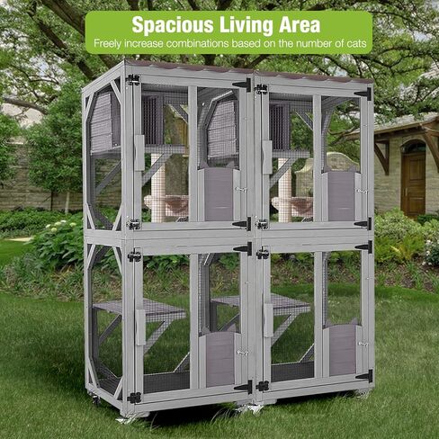 مأوى للقطط من GUTINNEEN Catio للاستخدام الخارجي على عجلات، مأوى للقطط مع غطاء مقاوم للماء، قفص كبير للقطط مع غرفة استراحة، منصات 62.5 بوصة in Kuwait