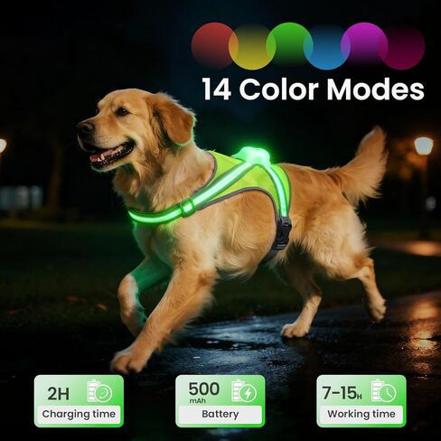 Xlife Light Up Dog Harness – Reflective Multicolored LED Vest Harness, Rechargeable, Rainproof, Adjustable, No Pull & Safe for Large Dogs for Night Walks, Hiking(L) in Saudi Arabia