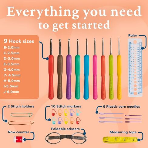 مجموعة خطافات ميلول كروشيه مكونة من 31 قطعة - طقم خيوط كروشيه مع 9 أحجام خطافات مريحة، 6 إبر غزل، لوازم حياكة وكروشيه إضافية وحقيبة حمل لصانعي الكروشيه in Kuwait