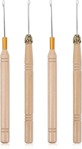 Guduling 4 Pcs Crochet Needle for Hair, Hair Tinsel Tool Set with Wooden Handle, Crochet Hook for Hair Extensions Crochets Needle for Braids or Feather Extensions in Saudi Arabia